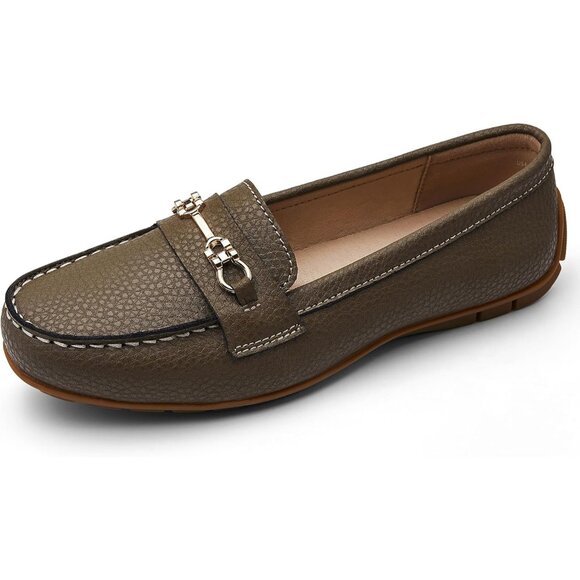 Kordal Women's Light GrLeather Gold Accent Buckle Slip-Ons Walking Flats Loafers - Picture 2 of 9